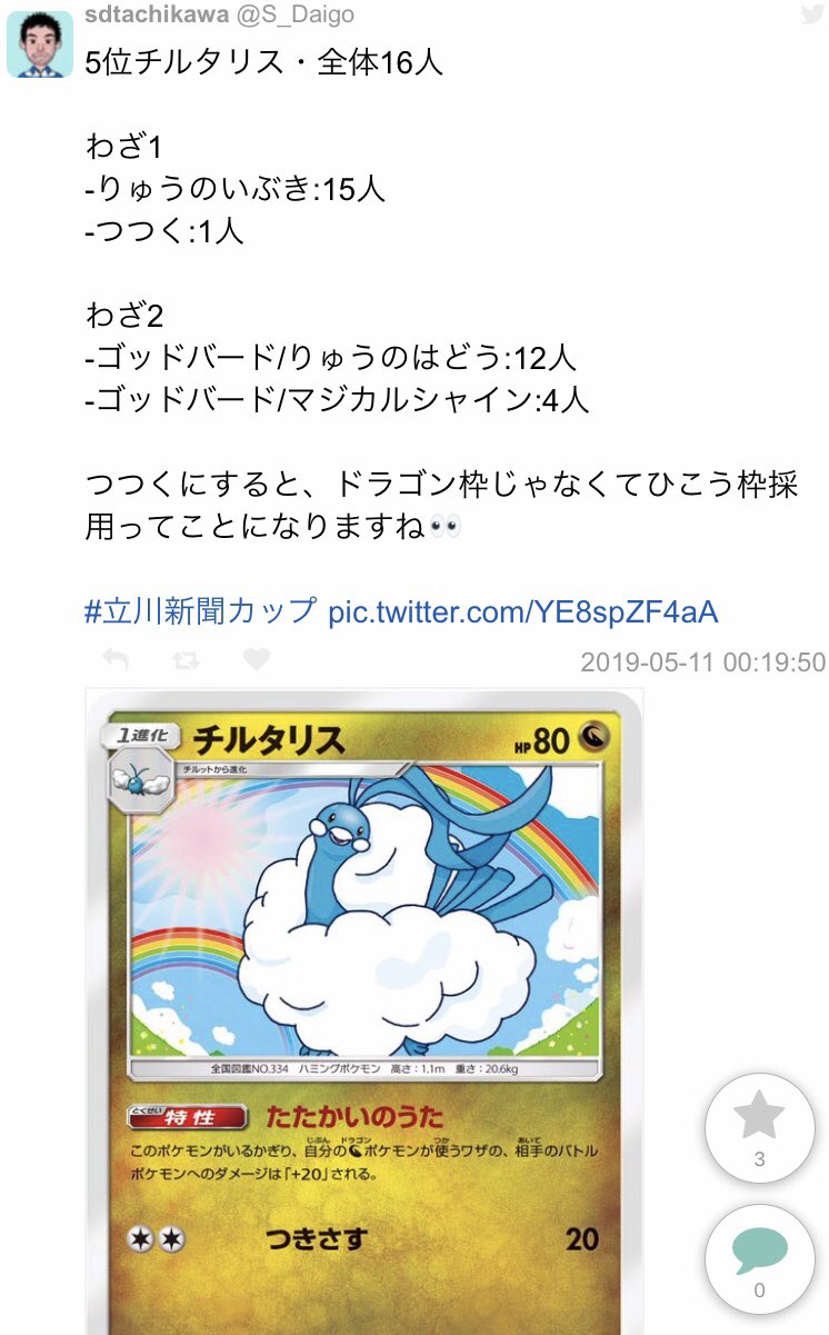 Daigopvpϟໂ ໃ 7位チルタリス17名 前大会5位 わざ1は全員りゅうのいぶき わざ2 りゅうのはどう15名 マジカルシャイン2名 一時期消えかけたチルタリスでしたが 安定的に上位ポケモンに入る復活ぶり 相変わらずいぶきがエグいです T Co