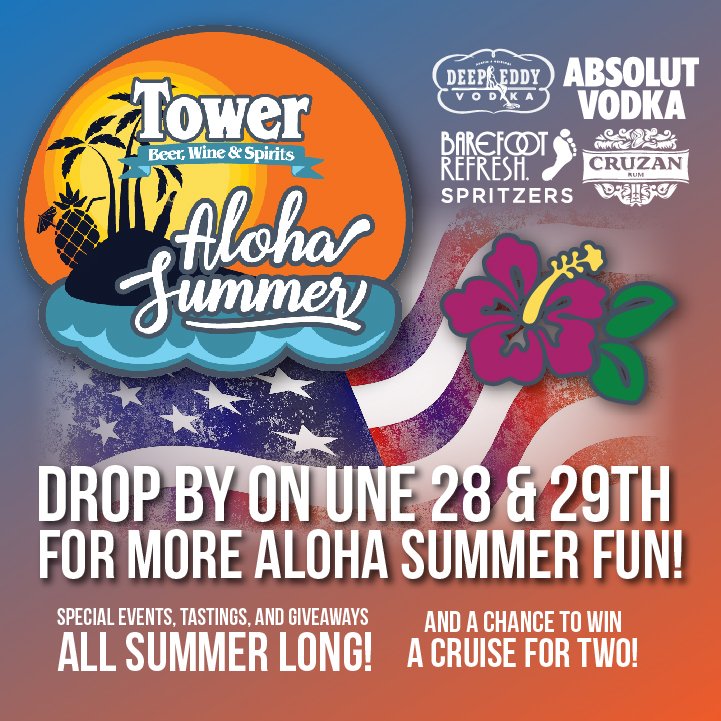 TowerATL's tweet image. Drop by on June 28 &amp;amp; 29th for GIVEAWAYS, LEIS, KOOZIES, &amp;amp; MORE from Tower &amp;amp; Deep Eddy Vodka! #AlohaSummer #Cheers #4thofJuly  - mailchi.mp/towerwinespiri…