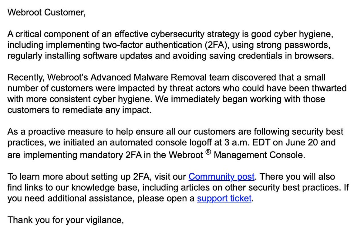 willjasen's tweet photo. @SGgrc Webroot AV sent out an email saying that they turned on mandatory two factor authentication. The second factor is a short password of six characters and it asks randomly for two of its letters. Maybe a little higher entropy but sounds like one factor to me! https://t.co/YCq3kmudEy