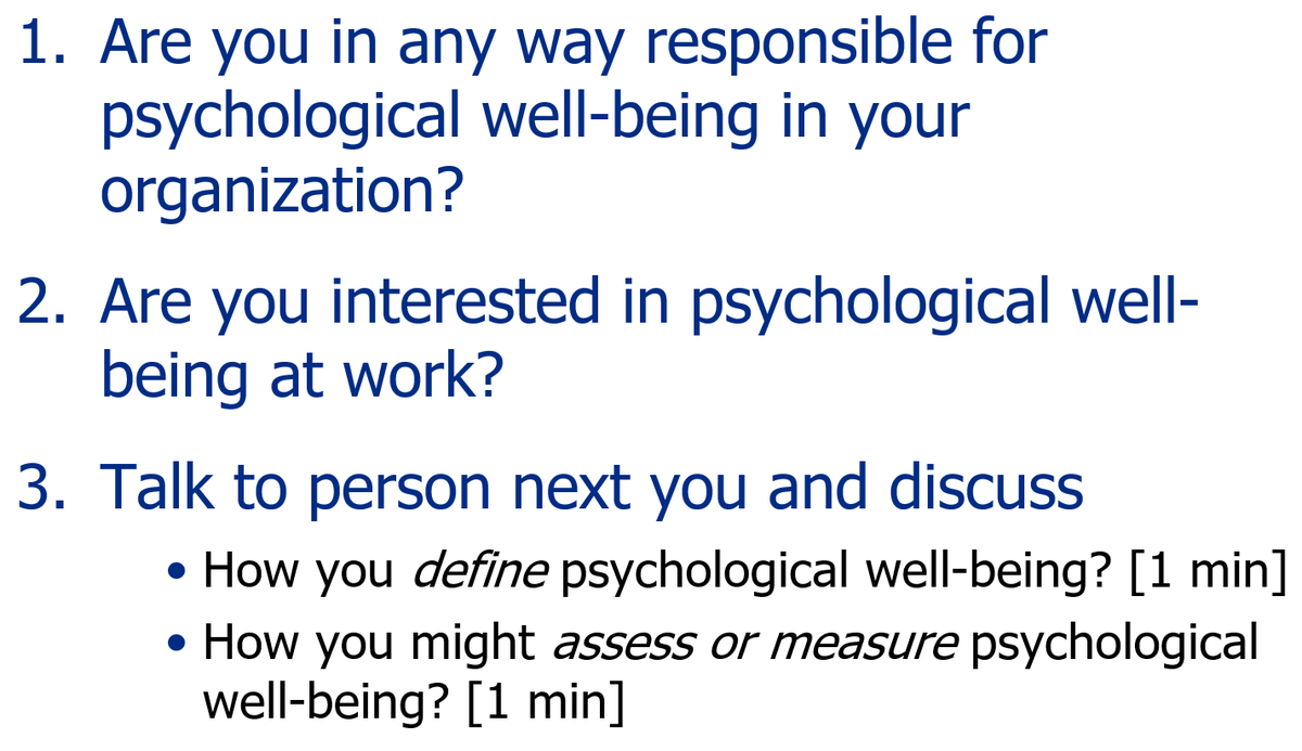 Asked these questions at start of my #REBAwellbeing <a href="/REBAwellbeing/">Employee Wellbeing Congress</a> session today. Q1: Around 90% yes. Q2: Around 70% yes.

Then I asked - "How many of you have ever discussed the questions under Q3 before?":  Around 5%.

Not unique I feel to #HR or #Wellbeing.