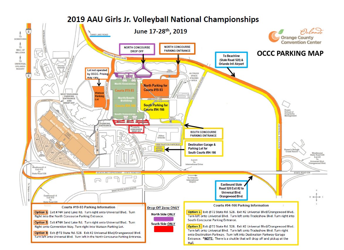 Courts 19 and above will be located at the Convention Center in the North and South Halls. Entrances and ticket sales will be located on both the North and South Concourses. A special daily parking rate of $10 per day will be available during the event. This does include re-entry on the same day. You must save your receipt for re-entry. Take advantage of Shuttle Service from the Destination.