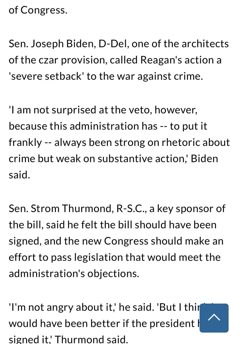 1983: Reagan didn’t want Drug Czar & vetoed Thurmond-Biden Crime bill. Biden’s chastising of Reagan was even stronger than Strom:'I am not surprised at veto, however, because this administration has always been strong on rhetoric about crime but weak on substantive action”