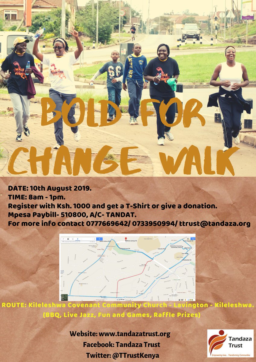 We are psyched up for the fast approaching Tandaza Trust Charity Walk  and gladly invite you to be part of it! This is a bold step we are  taking to raise funds for setting up a rehabilitation center for street  men and women. Join us on 10th August 2019(8am-1pm).