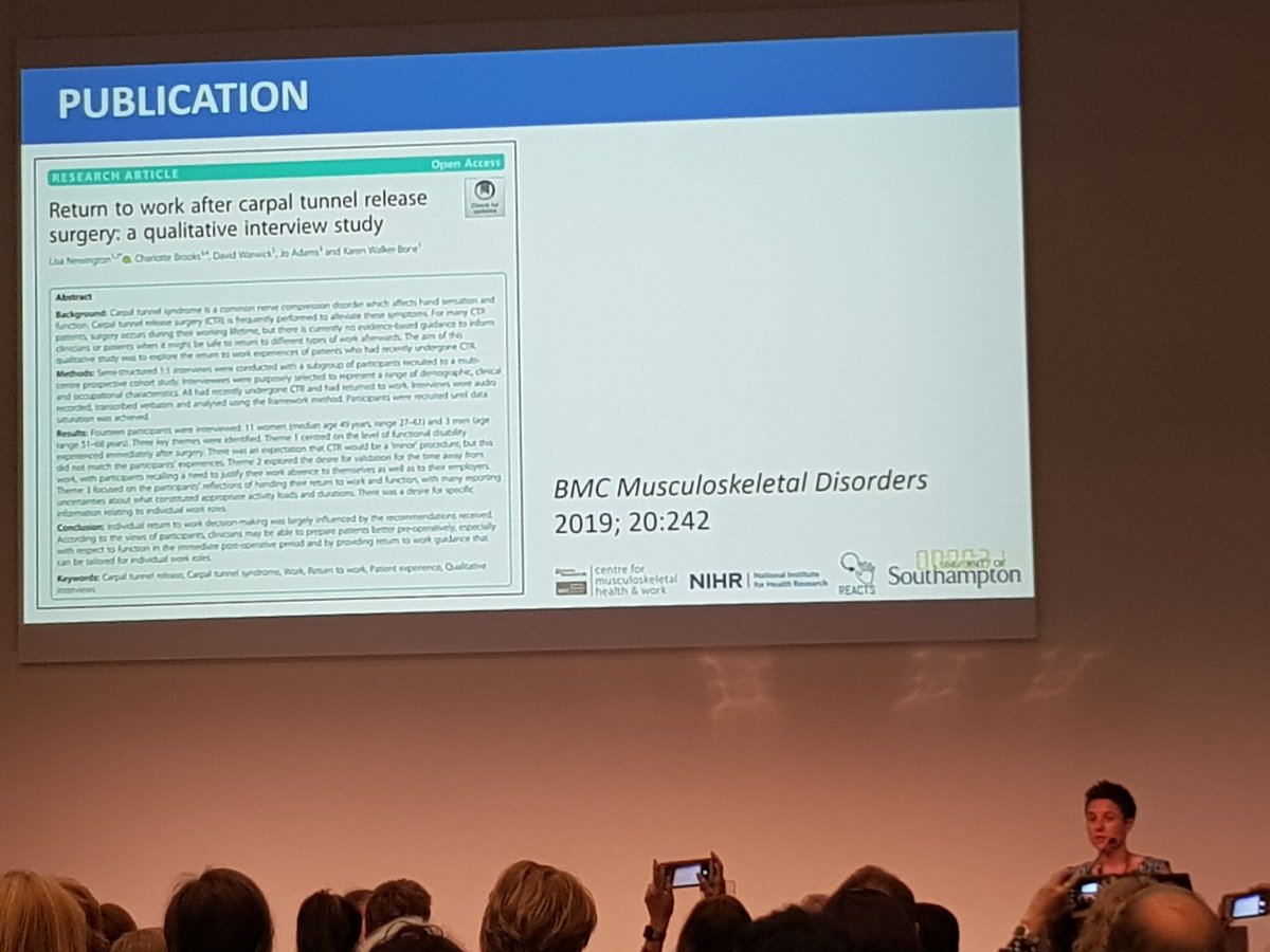 CPilbeamKirkPT's tweet photo. Excellent qualitative research @Lisa_Newington Managing post operative patient expectations and guiding not just 'when' but 'how' they RTW is important after CTD @IfsshIfsht2019 #IFSHT19 #IFSSH19 #handtherapy #handsurgery https://t.co/na57O9GOs1