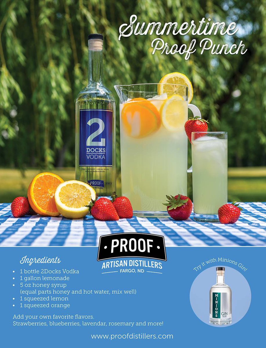 ProofDistillers's tweet photo. Are you ready for summer?
Summertime Proof Punch
• 1 bottle 2Docks Vodka
• 1 gallon lemonade
• 5 oz honey syrup
• 1 squeeze lemon
• 1 squeezed orange
🍋 🍊 🍓
#proof #distillery #distillers #2docksvodka #vodka #minionsgin #gin #summer #summerpunch https://t.co/b3ztkHNoAd