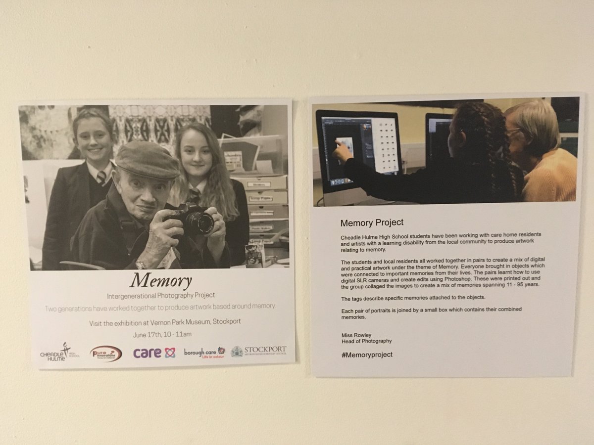 Jess_m_85's tweet image. Well done @RachRobNewt @StockportMBC @weare_pure @careuk @BoroughCareLtd @CheadleHulmeHS for putting together this amazing intergenerational photography project, on exhibition at @vernonparkcafe. #memoryproject. Lovely to chat to our Chief @SMBC_chiefexec who came to visit today.