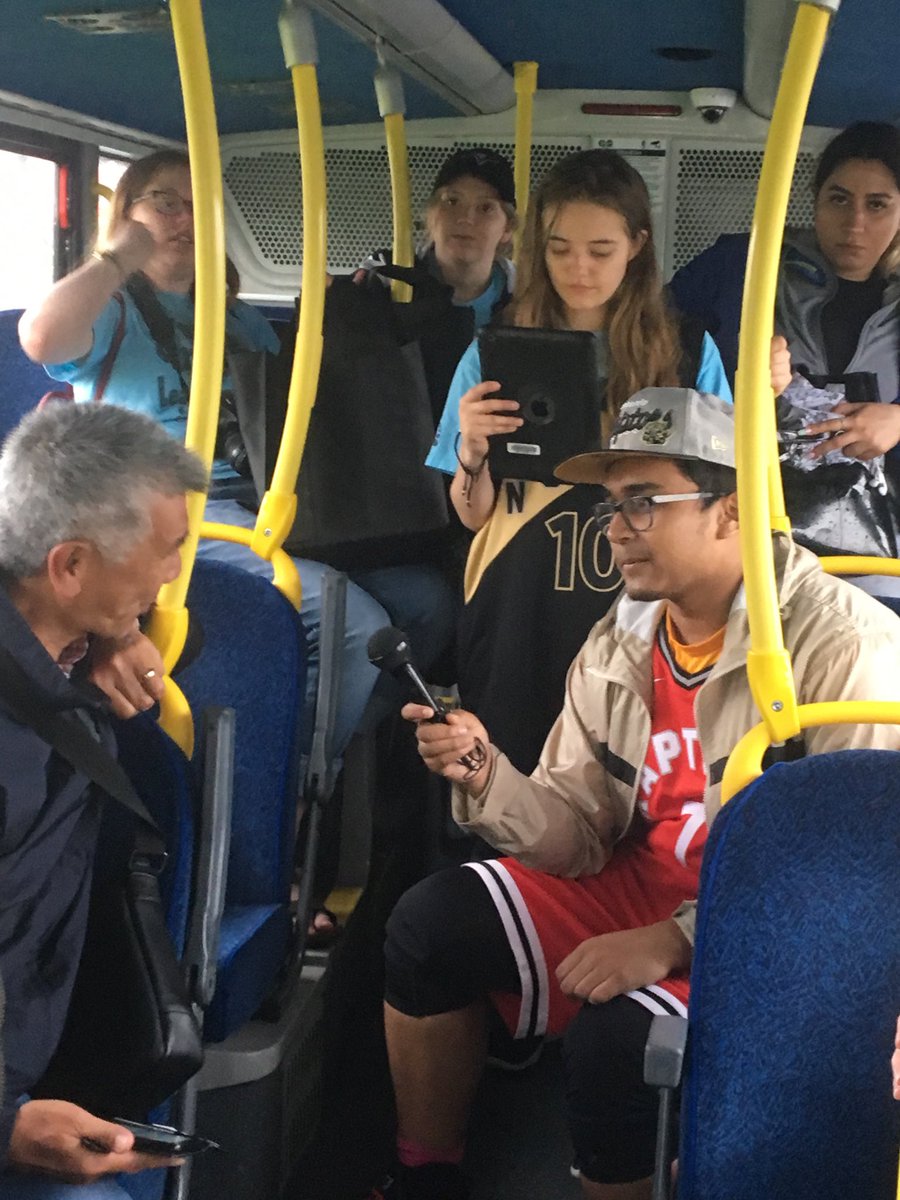 BowmanvilleHS's tweet photo. We have started our #intentionalactsofkindness on the ⁦@GOtransit⁩ We started with an interview with Willie Woo who has been on the #commutewithkindness all 4 years! He is an inspiration! ⁦@SOLEBHS⁩ #mystory19 https://t.co/HfSYpEbULe