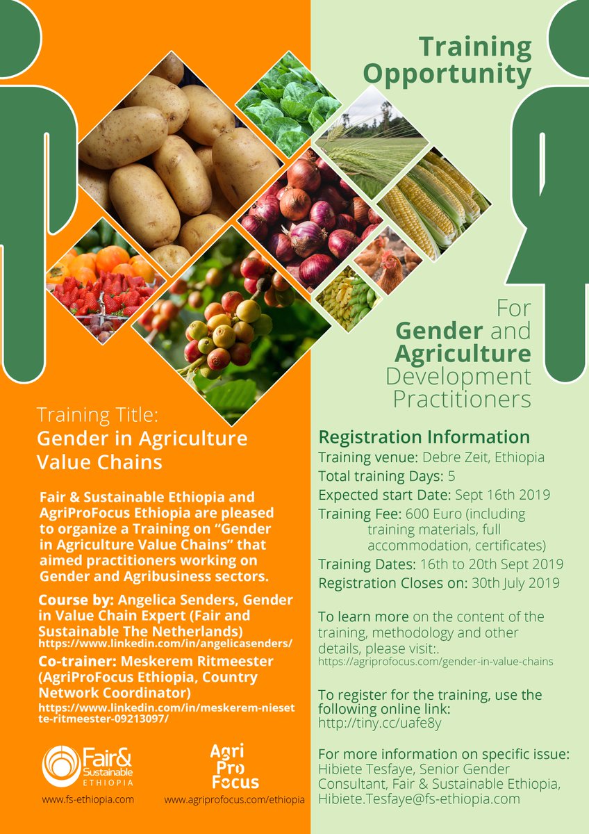 Training Opportunity on “Gender in Agriculture Value Chains” - for Gender and Agriculture Development Practitioners presented by <a href="/AgriProFocus/">AgriProFocus</a> @APF_Ethiopia and <a href="/FairSustainable/">Fair & Sustainable</a> <a href="/FandSEthiopia/">Fair & Sustainable Ethiopia</a> Read more:  bit.ly/2WQl5mV #Gender #ValueChains #Agriculture #Training