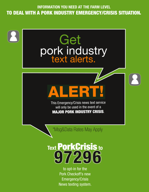 ControlledBucky's tweet photo. If you want to be notified in the event of a foreign swine disease outbreak, there is a texting service operated by the National Pork Board. You can sign up by texting "PorkCrisis" to 97296. https://t.co/x9MikchIkF