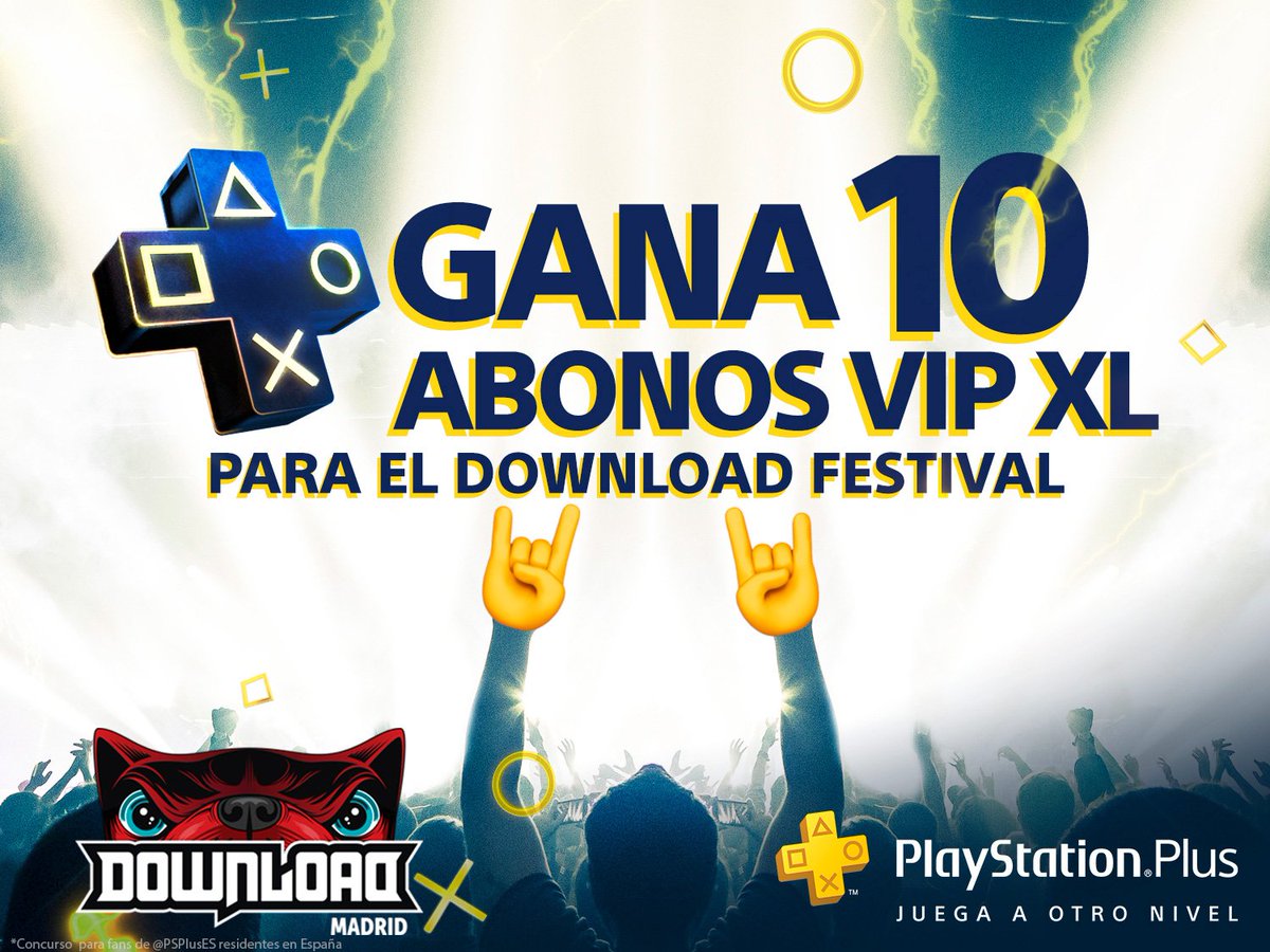 PSPlusES's tweet photo. ¿Quieres asistir al @DownloadFestMad del 28 al 30 de junio? Pues estás de suerte porque puedes conseguir uno de los 10 abonos VIP XL para dos personas. ¡Solo para plusers! Tienes hasta las 6 PM para participar tuiteando tu grupo favorito del Download con 🤘+🎮+ #RockAndPlay https://t.co/2rxrCzg1jA