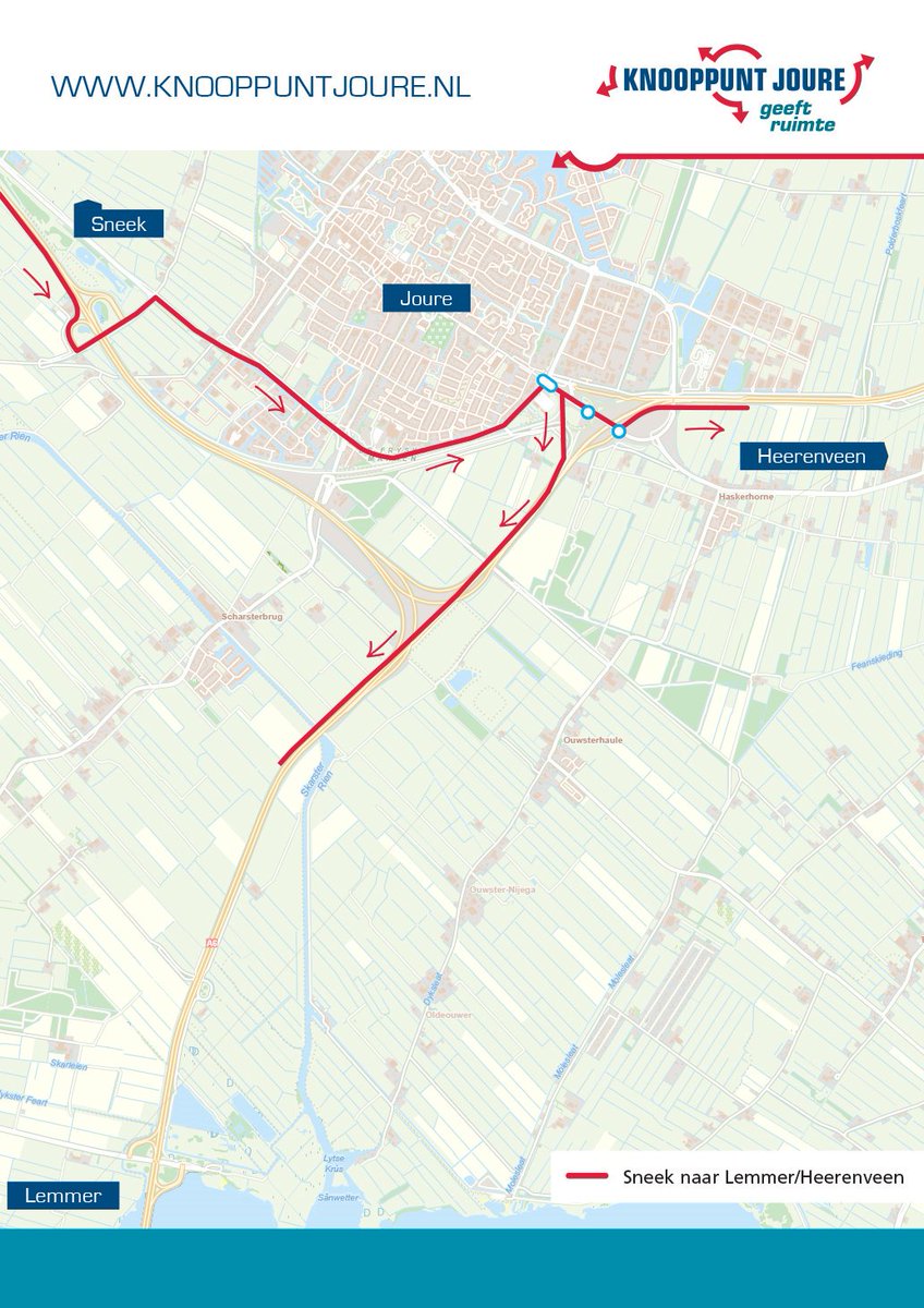 Vanavond, donderdag 20 juni, is de weg vanuit Sneek ter hoogte van Joure-West afgesloten tussen 20.00 uur en 06.00 uur. Het verkeer naar Joure, Lemmer en Heerenveen leiden we om via Joure-West, Sewei, Geert Knolweg en af- en toerit bij Joure.