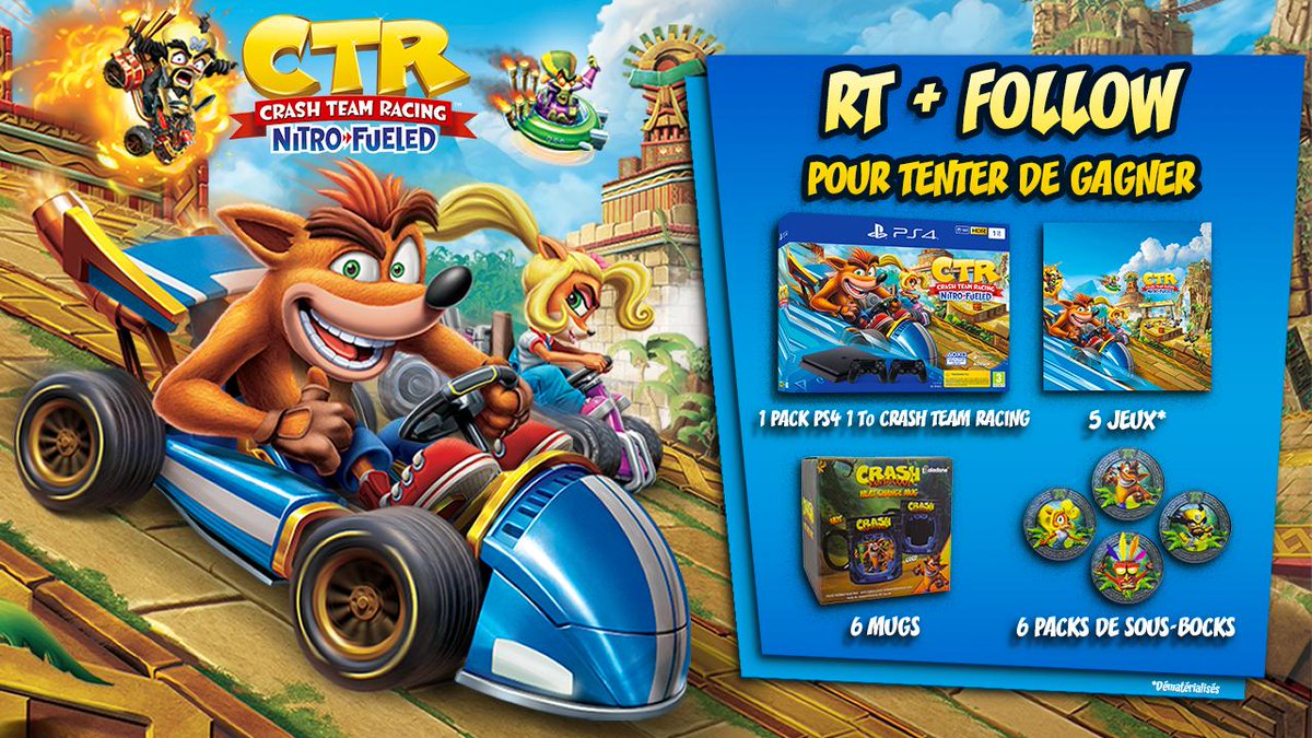 🎁 CONCOURS #CrashTeamRacing 🎁
RT + FOLLOW pour tenter de gagner :
• 1 pack PS4 1To avec le jeu et une DUALSHOCK 4 supplémentaire
• 5 jeux sur PS4
• Des mugs et sous-bocks
TAS le 28/06 👉 po.st/Oh
Bonne chance 🍀