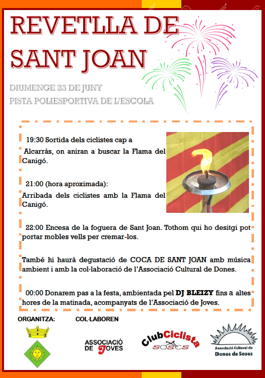 Us esperem a tots a la pista poliesportiva de les escoles de Soses per viure la revetlla de Sant Joan!!!