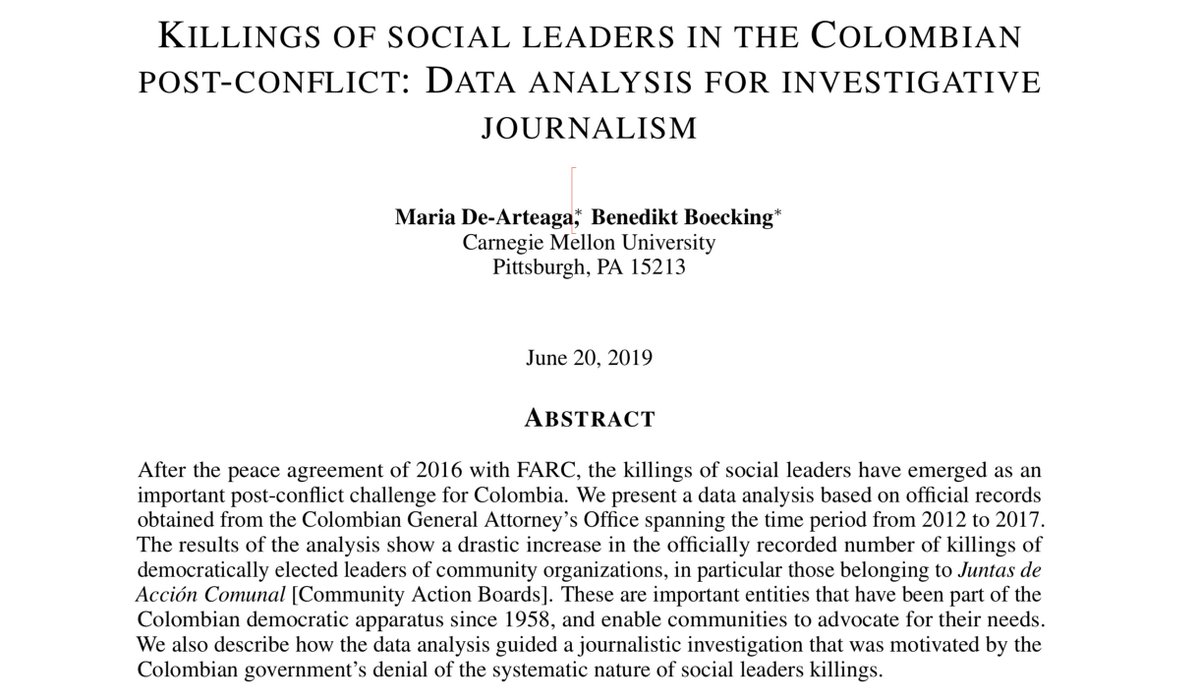 (1/2) Last year, @BenBoecking and I partnered with <a href="/ConnectasOrg/">CONNECTAS</a> and <a href="/elpaiscali/">El País Cali 📰</a> for a project about the killings of social leaders in Colombia. In this paper we describe the results of the data analysis and how this led the journalistic investigation: arxiv.org/pdf/1906.08206…