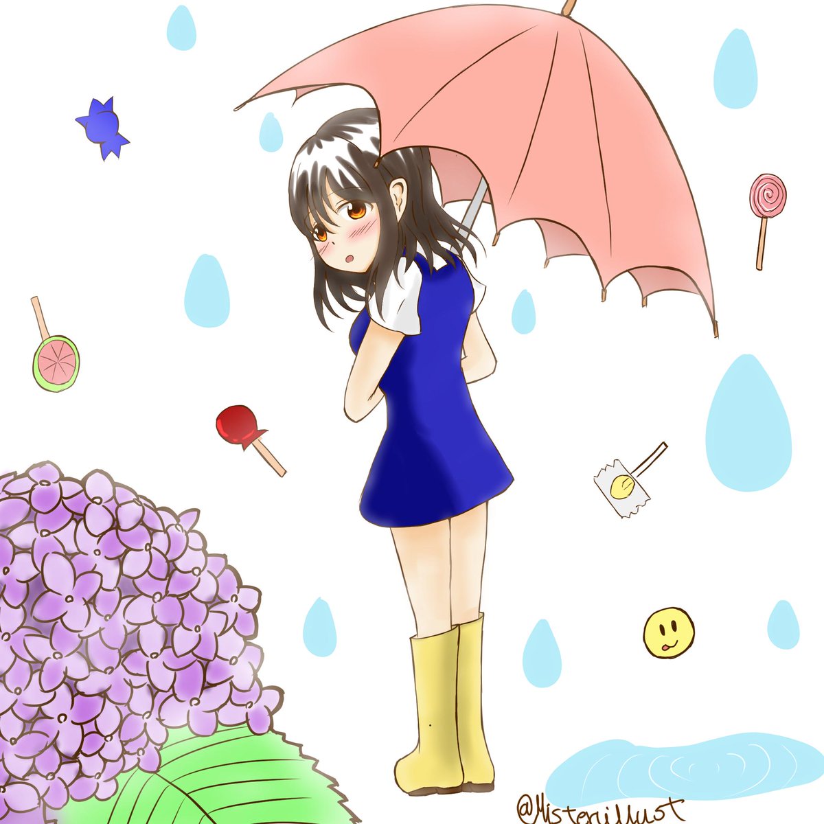 絵描きのミスタァ Sur Twitter 梅雨のイラストを描きました イラスト 梅雨 雨 飴 紫陽花 アジサイ ６月イラスト 梅雨イラスト 梅雨入り