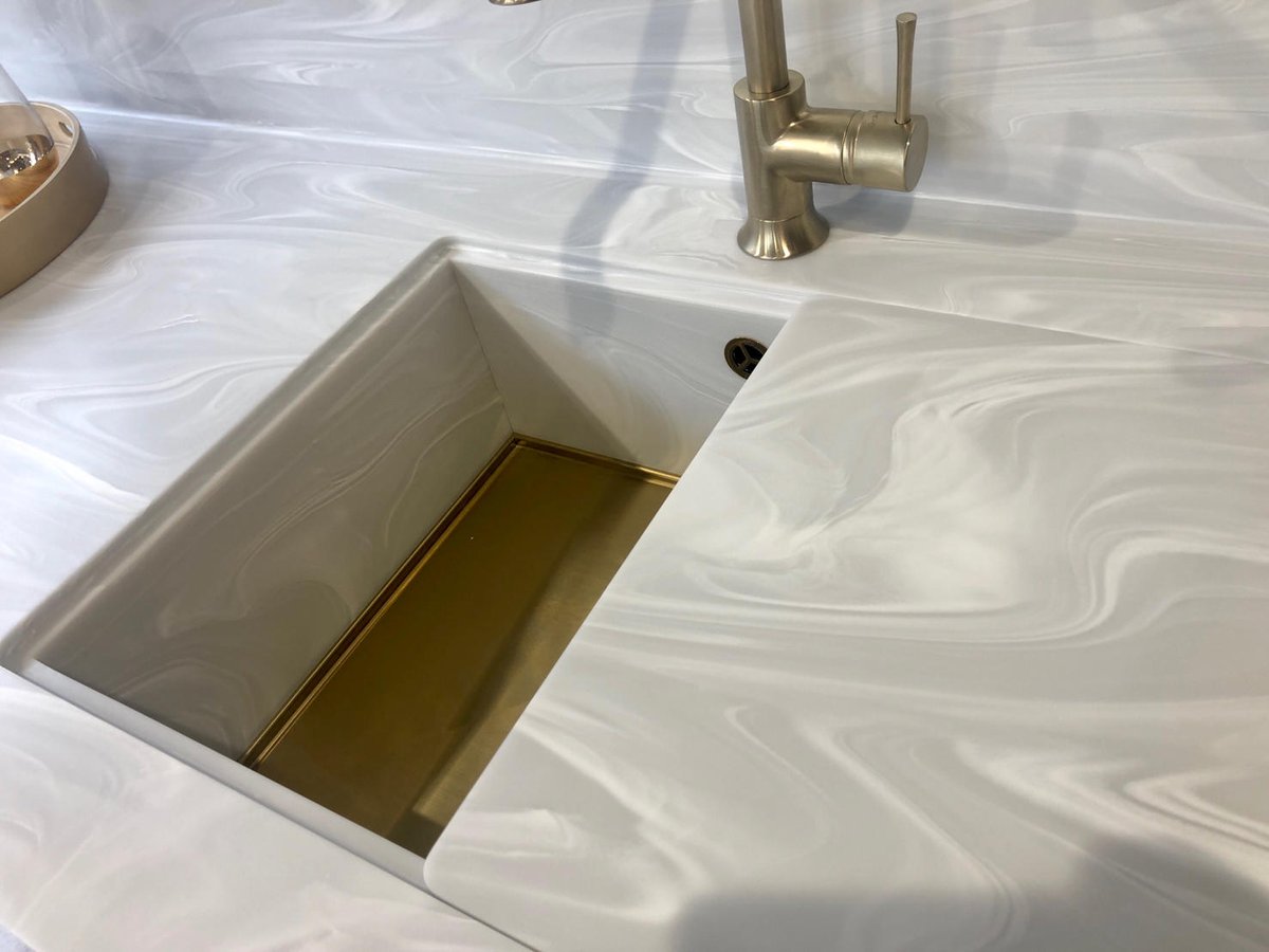 First sighting of the brass @1810co #axix sink! How great does it look with Corian® Grey Onyx? #youcanwithcorian