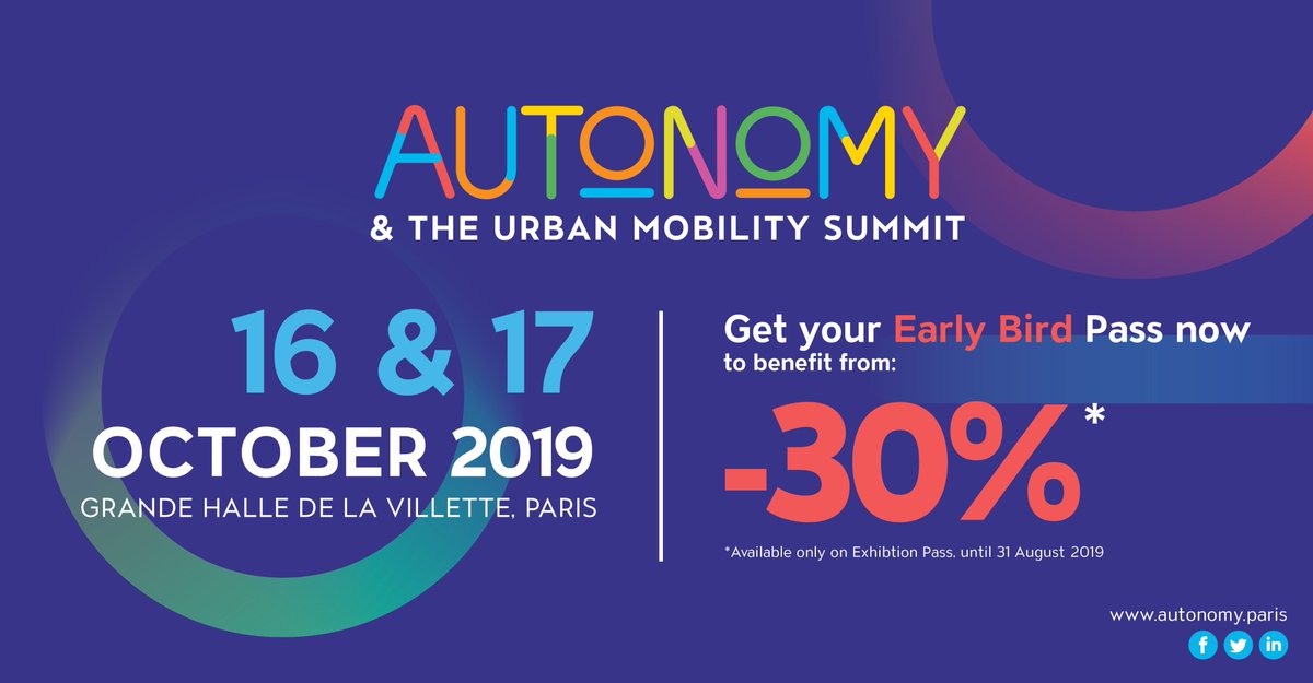 AUTONOMY's tweet photo. #Autonomy2019, the place to meet for mobility!
The international event for sustainable mobility solutions will bring public &amp; private decision-makers from all over the world in Paris.
⚡ EARLY BIRD PRICES ⚡
🛒 -30%: https://t.co/UDzR2hjOIZ
📜:  https://t.co/1simElOcML https://t.co/VP9Ck3vXzy