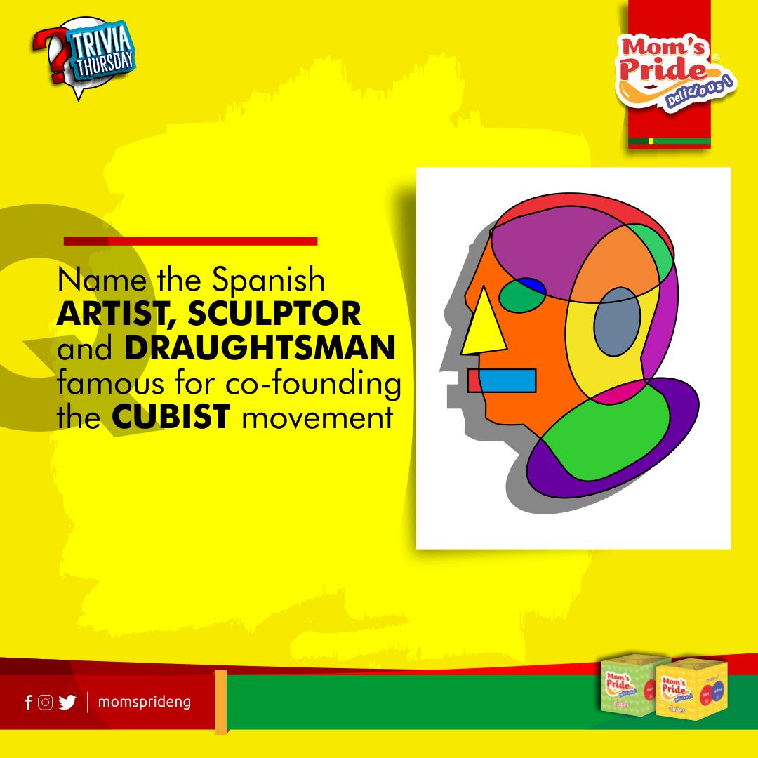 MomsPrideNG's tweet photo. It's #TriviaThursday today and we have this VERY simple question to ask you.

#TriviaGame: Name the Spanish artist, sculptor and draughtsman famous for co-founding the Cubist movement.

Drop your answers in the comment thread and #TagYourFriends.

#TastyFoods
#DeliciousMeals https://t.co/PSfuKOAc6d