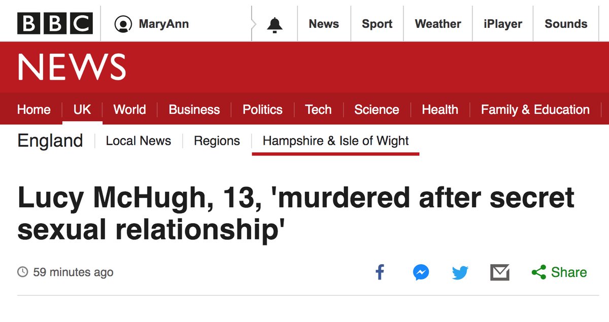 menwhokill's tweet photo. A 25 yr old man is on trial for the murder of a 13 year old child, Lucy McHugh.

Three appalling headlines from @BBCNews 
Girl,13, 'murdered by secret lover'
Lucy McHugh, 13, 'murdered after secret sexual relationship'
Lucy McHugh, 13, 'murdered after pregnancy claim' https://t.co/RkocJC1PEk