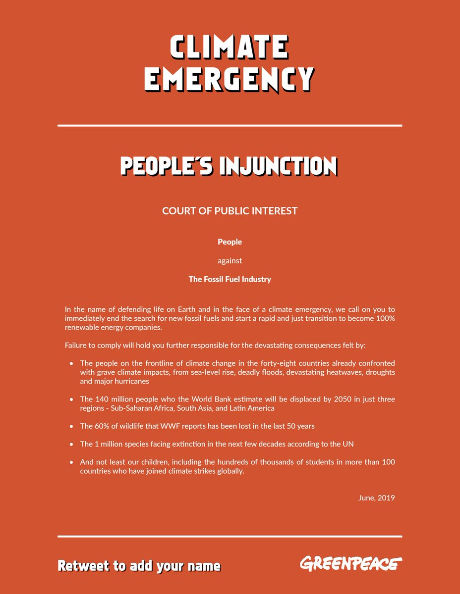 Fossil fuel companies, you’ve done your best to wreck our planet. You knowingly misled us for decades about the dangers of #ClimateChange, and now we’re serving you with a People’s Climate Injunction. No more fossil fuels. 

RT to add your name