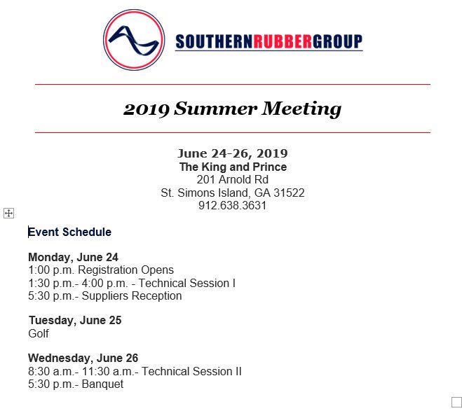 Upcoming meeting- Join us in St. Simons for networking, golf, and discussions on new topics in the rubber industry. 

#SouthernRubberGroup #SRG #NetworkingandGolf #StSimons #KingandPrince #RubberTraining #RubberIndustry