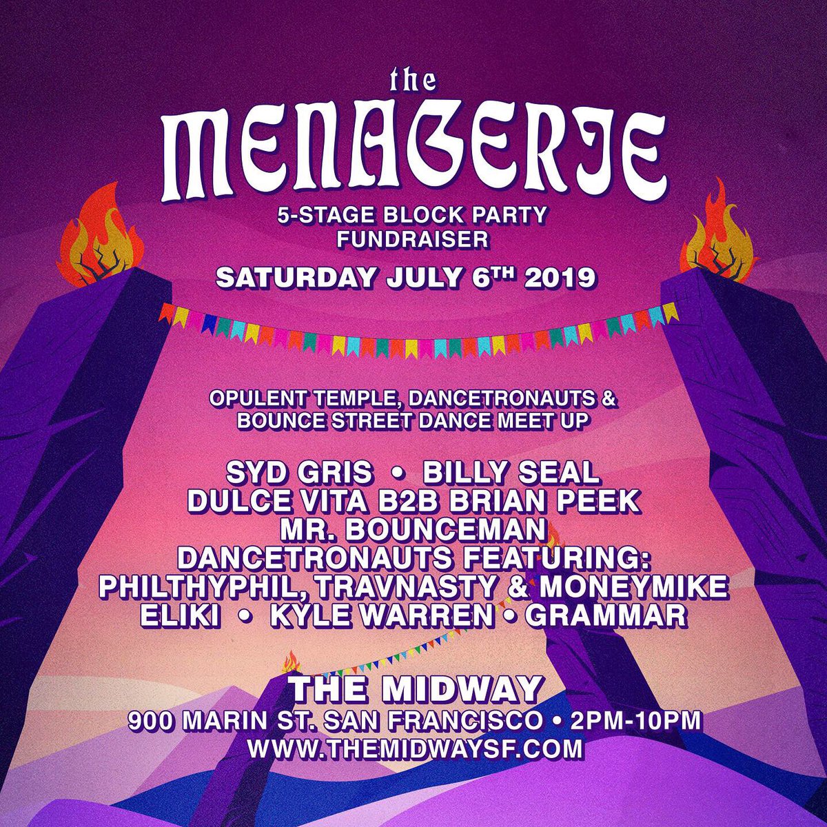 dancetronauts's tweet photo. 🎆4th of July🇺🇸 Weekend THE #MENAGERIE: A 4-stage block party fundraiser with @diplo presenting "Higher Ground!" @themidwaysf 
21+ EVENT SAT JULY 6TH
2 - 10 PM

@opulenttemple 
#campquestionmark #RootSociety @duckpondcamp @dancetronauts  
TICKETS: https://t.co/H9ZlkekLex 🔮 https://t.co/VXEKipb2PJ