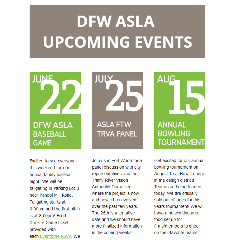 DFWASLA's tweet photo. Get excited for our summer events! Our June Event Update is out! #DFWASLA #TexasASLA #LandArch -- https://t.co/70T9QytEMx https://t.co/UK0GaZoONW