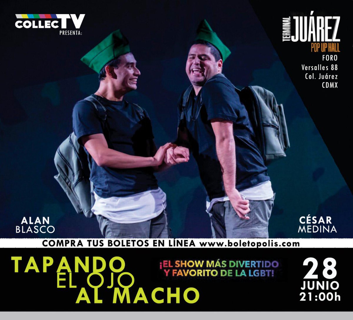 tourlascomadres's tweet photo. #gaypride2019 con #TapadoElOjoAlMacho ¡No te la pierdas! Viernes 28 de junio las 21:00h en la Terminal Juárez, calle Versalles 88 B col. Juárez $150 entrada gral. #Teatro #teatrogay #TeatroCabaret #cabaret #cultura #Arte #comedia #grindr #LGTB #gayboy #CDMX #SHOW https://t.co/rY6TFPlnjE