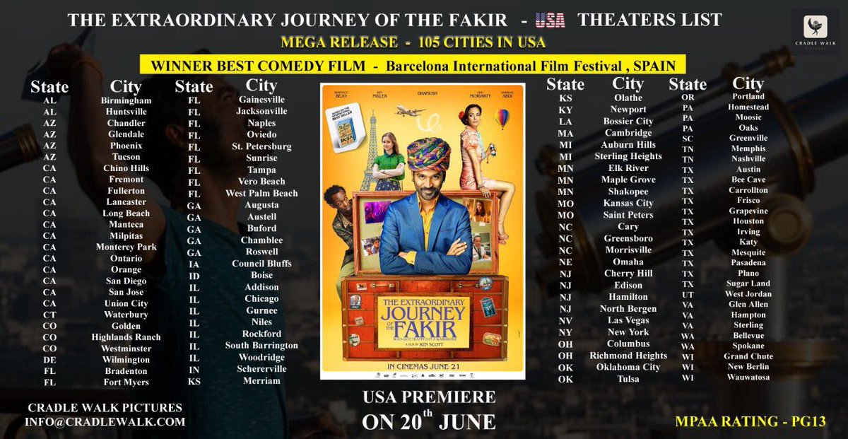 OverSeasRights.Com (@overseasrights) on Twitter photo MEGA RELEASE in USA #Pakkiri <a href="/FakirOfficial/">The Extraordinary Journey Of The Fakir</a> - 105 Cities across #USA 🇺🇸 By - <a href="/cradlewalkpic/">Cradle Walk Pictures</a> in association with @USTamilLLC and presented by <a href="/GRfilmssg/">Golden Ratio Films</a> !! <a href="/dhanushkraja/">Dhanush</a> <a href="/kenscottfakir/">Ken Scott</a> <a href="/LRCF6204/">Little Red Car Films</a> <a href="/divomovies/">Divo</a> MEGA RELEASE in USA #Pakkiri <a href="/FakirOfficial/">The Extraordinary Journey Of The Fakir</a> - 105 Cities across #USA 🇺🇸 By - <a href="/cradlewalkpic/">Cradle Walk Pictures</a> in association with @USTamilLLC and presented by <a href="/GRfilmssg/">Golden Ratio Films</a> !! <a href="/dhanushkraja/">Dhanush</a> <a href="/kenscottfakir/">Ken Scott</a> <a href="/LRCF6204/">Little Red Car Films</a> <a href="/divomovies/">Divo</a>