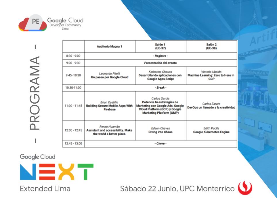 gdgcloudlima's tweet photo. Tendremos un gran programa este Sábado, veremos @googlecloud, @Firebase, #MachineLearning, @ActionsOnGoogle, #DevOps y mucho más. Te dejamos aquí el programa completo para que busques las sesiones del evento 💪💪 #Next19ExtendedLima https://t.co/IWfGC4E8Rd
