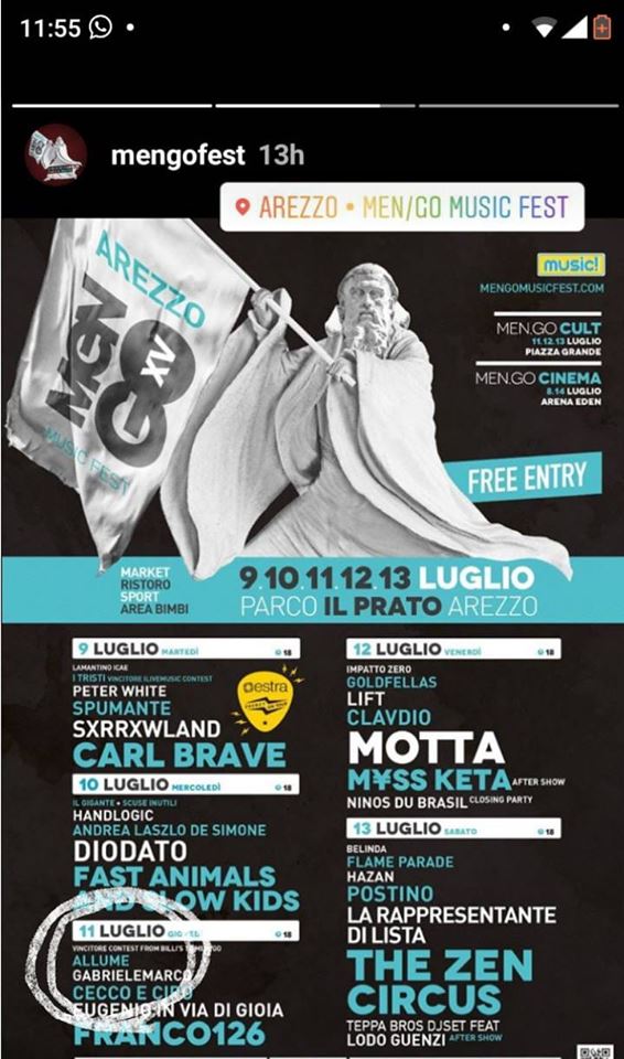 🤟Siamo lieti di comunicarvi la nostra presenza al <a href="/MengoFest/">MEN/GO MUSIC FEST</a>  l'11 Luglio , ringraziamo nuovamente l'organizzazione , non mancate , ne vedrete delle belle !!!! ma soprattutto ne sentirete di ancora più belle !!💪💪🙀🙀