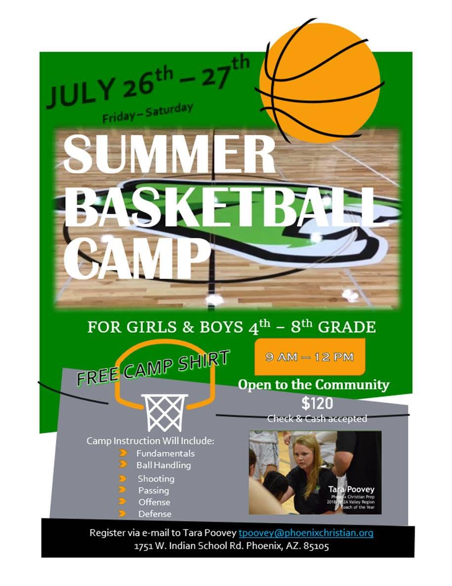 Attention Middle School Basketballers 4th-8th Grade! Sign up for the 2019 PC Summer Basketball Camp! July 26th-27th 9a-12p at <a href="/PhxChristian/">Phoenix Christian</a> and hosted by <a href="/PookieHoops/">Tara Poovey</a>, Head Coach of <a href="/PCWomensHoops/">PC Women's Hoops</a>! Register via email today and reserve your spot! 🌵🏀🔥