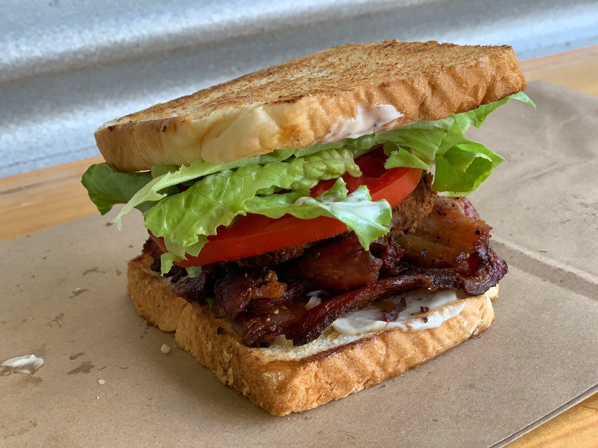 JBoucaniere's tweet image. Two more days left for the BLTB - Bacon Lettuce Tomato and Boudin Ball - add an egg as well if your feeling adventurous.  Home grown tomatoes and home grown in house made bacon y&apos;all !!!