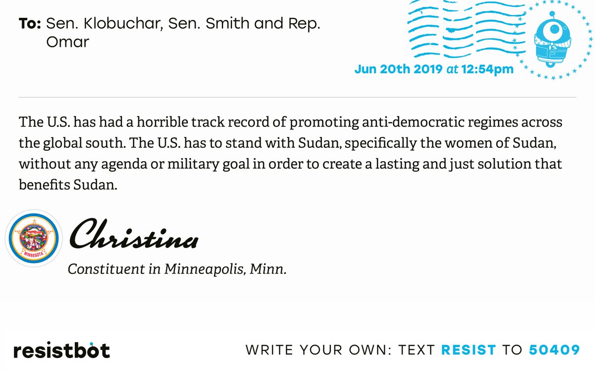 I just delivered this letter from Christina in Minneapolis, Minn. to <a href="/amyklobuchar/">Amy Klobuchar</a>, <a href="/SenTinaSmith/">Tina Smith</a> and <a href="/IlhanMN/">Ilhan Omar</a> #MNpols #MNpolitics #SudanMassacre
