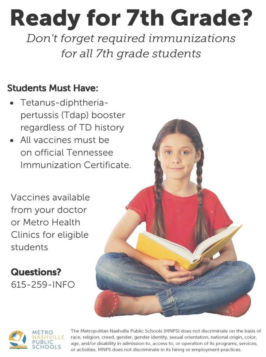 Rising 7th Grader at @MetroSchools? Students need required immunizations. Download the flyer: ow.ly/8sjM50uJ4Sg (It's available in several languages). Questions: 615-259-INFO