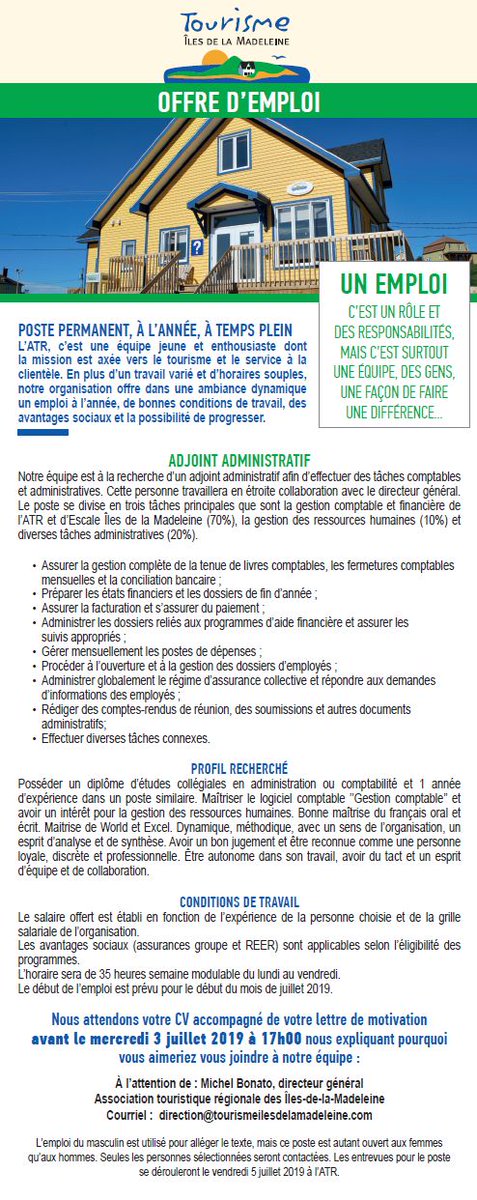 ATRIM's tweet photo. Tu veux te joindre à notre dynamique équipe? Un poste permanent vient de s'ouvrir chez nous! On a hâte de te rencontrer! #fousdesiles #ilesdelamadeleine #etsilesiles #vivreauxiles https://t.co/DvpJsubFog