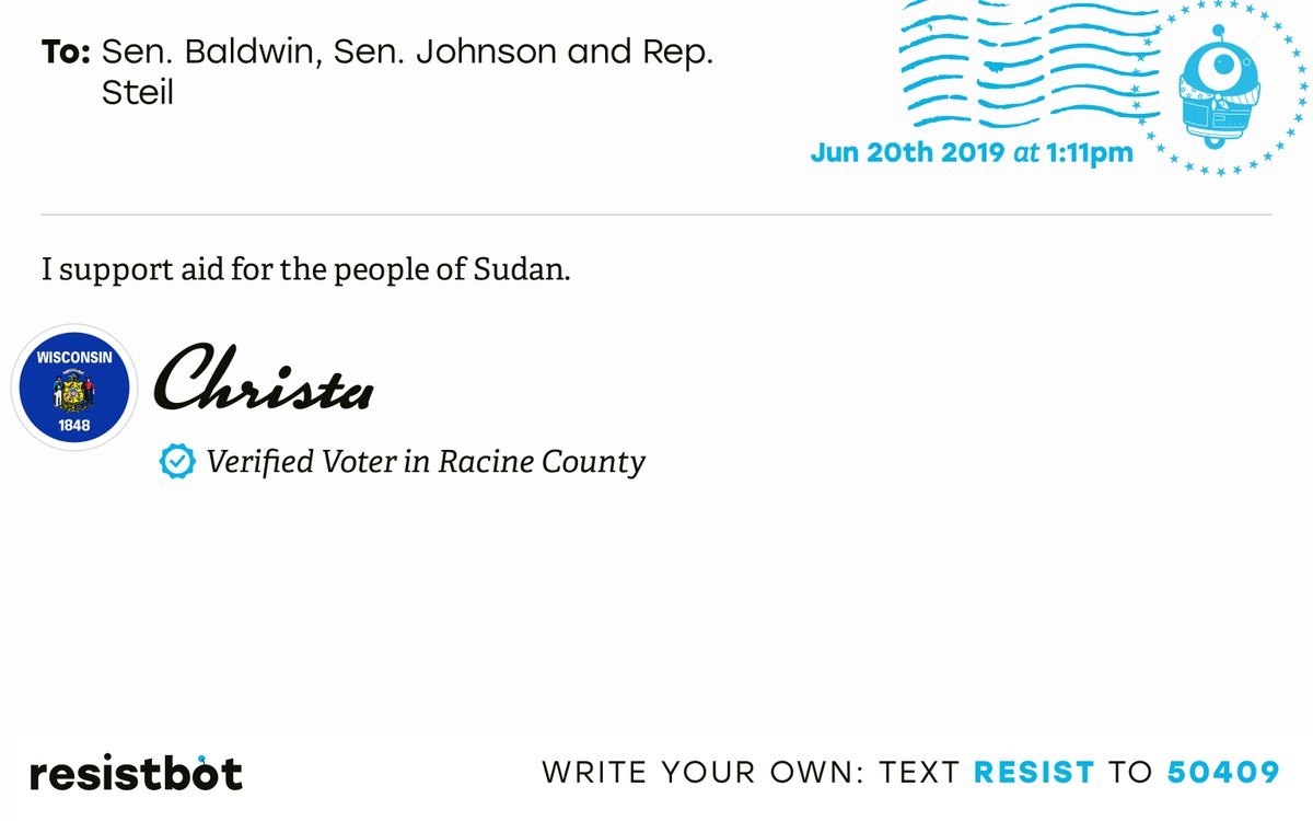 I just delivered this letter from Christa in Burlington, Wis. to <a href="/SenatorBaldwin/">Sen. Tammy Baldwin</a>, <a href="/SenRonJohnson/">Senator Ron Johnson</a> and <a href="/RepBryanSteil/">Bryan Steil</a> #WIpols #WIpolitics #SudanMassacre