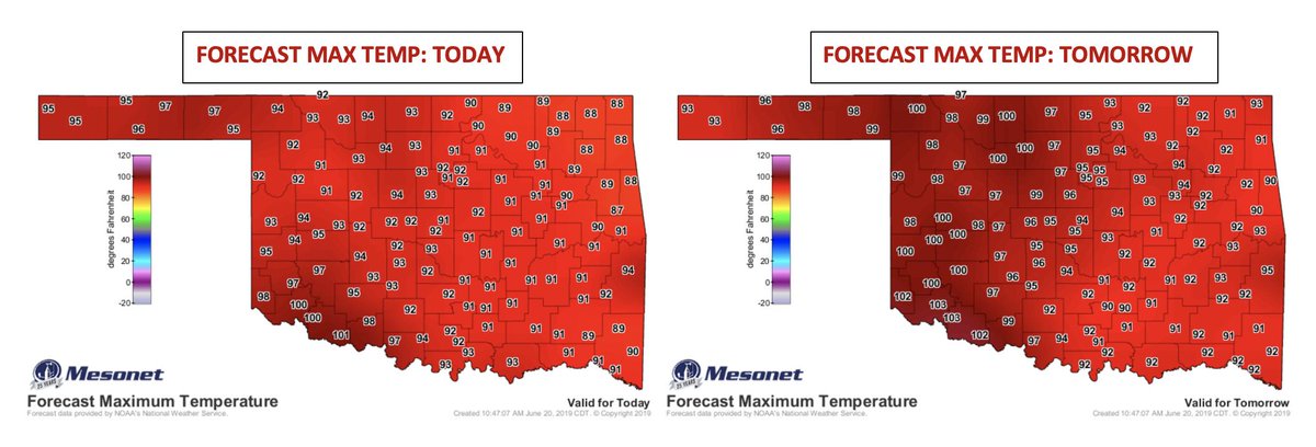 OKClimate's tweet image. It's going to get toasty! Check out the forecasted max temps for today &amp;amp; tomorrow. Add in some moisture &amp;amp; the heat index may be a tad uncomfortable. For historic reference, also take a look at the statewide heat index averaged over the past 15 yrs for June &amp;amp; July. #NoThanks #okwx