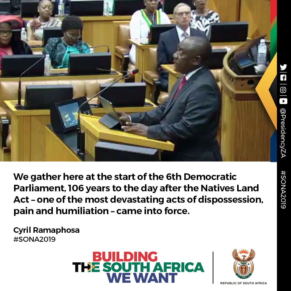 PresidencyZA's tweet photo. President #Ramaphosa: We gather here at an extremely difficult and challenging time in the life of our young democracy. #SONA2019 🇿🇦 https://t.co/GtM4fq9AEy