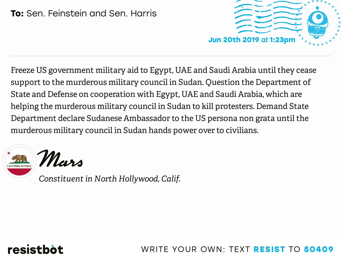 I just delivered this letter from Mars in North Hollywood, Calif. to <a href="/SenFeinstein/">Senator Dianne Feinstein</a> and @SenKamalaHarris #CApols #CApolitics #SudanMassacre