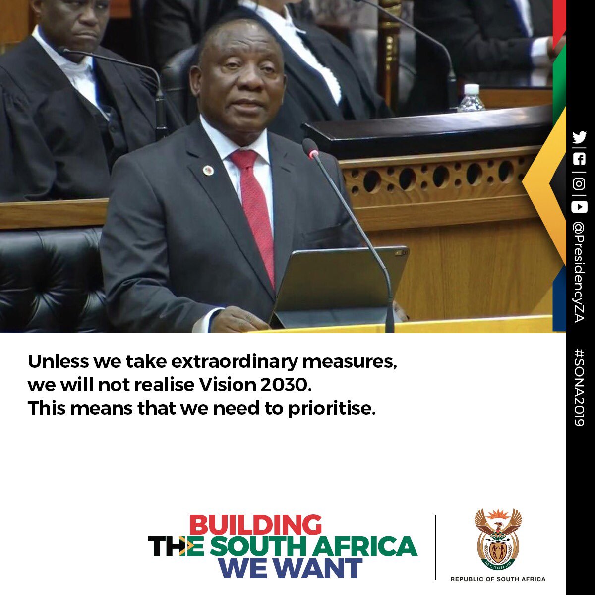 PresidencyZA's tweet photo. President #Ramaphosa: We need to focus on those actions that will have the greatest impact, actions that will catalyse faster movement forward, both in the immediate term and over the next 10 years.
 #SONA2019 🇿🇦 https://t.co/uk7r0BpLoy