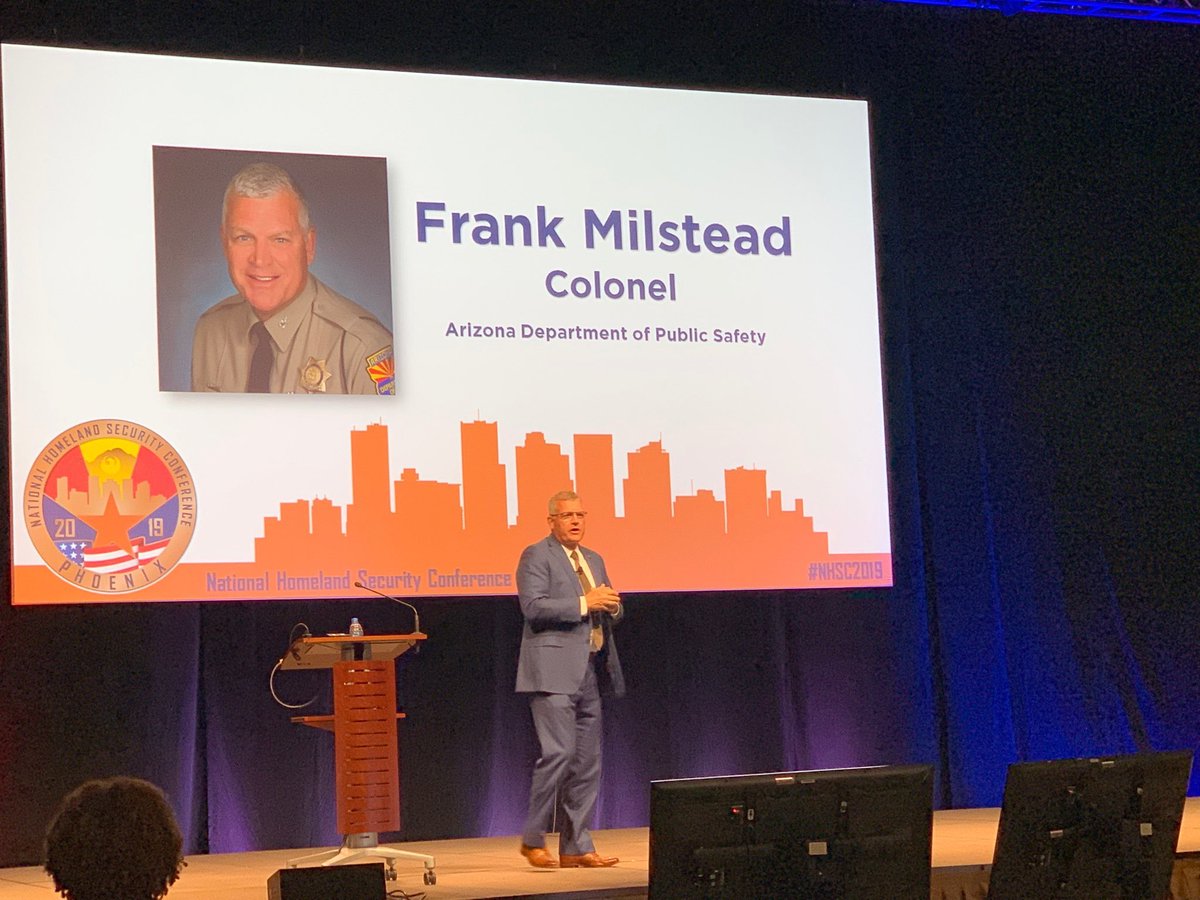 NationalUASI's tweet photo. AZ Dept. of Public Safety Colonel, Frank Milstead, presenting on Police and Fire TLO cooperation and information sharing. #NHSC2019 #NHSCPHX #NHSCIntel #NHSCViolencePrevention https://t.co/Oy8KCF2fkp