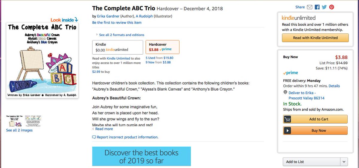 I'm sure that this is some sort of limited time <a href="/amazon/">Amazon</a> algorithm, but the #hardcover of Erika's #ChildrensBooks is on sale for $3.88. That's below our cost, so snatch them up! Spread the word! Leave reviews! #Sales #books #parenting amazon.com/gp/product/099…