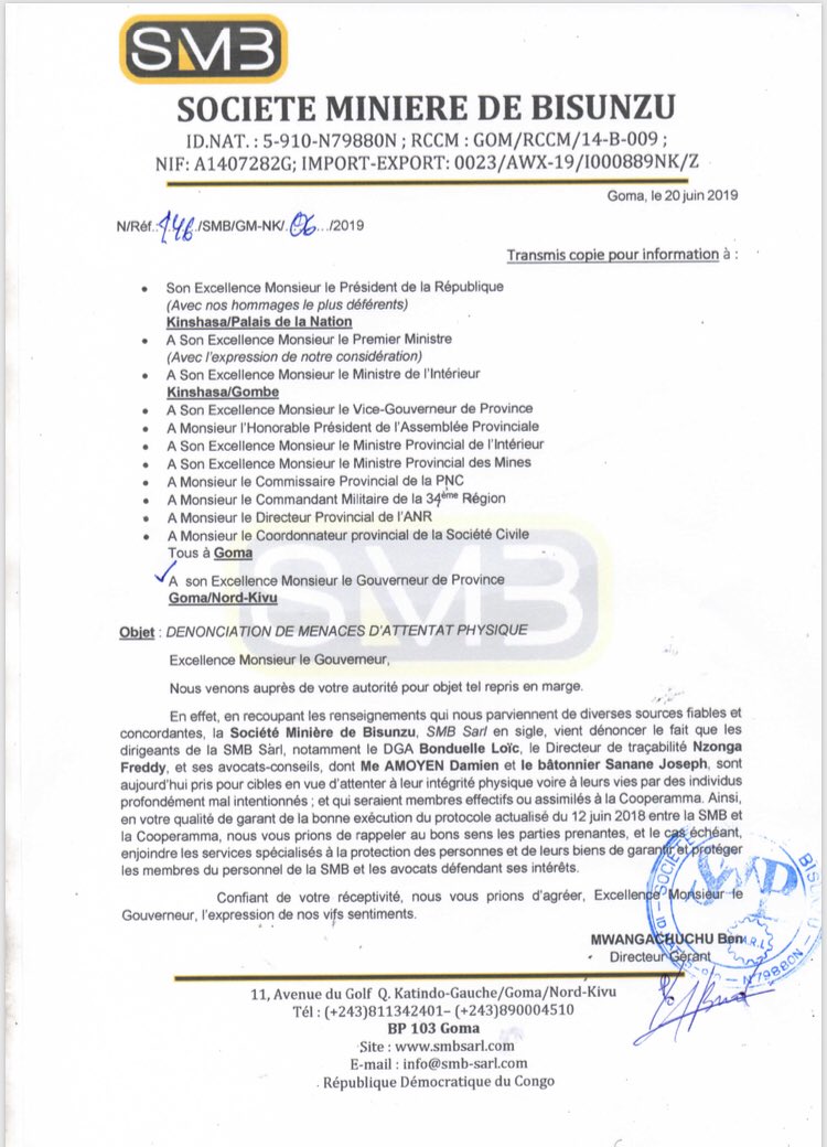 Bisunzu_Mining's tweet photo. Courrier de la SMB Sarl adressée à son Excellence le Gouverneur de Province du Nord Kivu afin de dénoncer les menaces d'attentat physique contre ses dirigeants et ses avocats-conseils. https://t.co/eBNH4puRpK