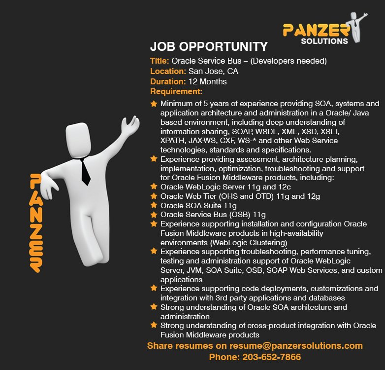 panzersolution's tweet image. Job Title: Oracle Service Bus – (Developers needed)
Location: San Jose, California
Share resumes on resume@panzersolutions.com
Or for more info click on the below link
panzersolutions.com/view_job_oppor…
#Oracle #ServiceBus #Developersneeded #jobseekers #jobs #latestjobs