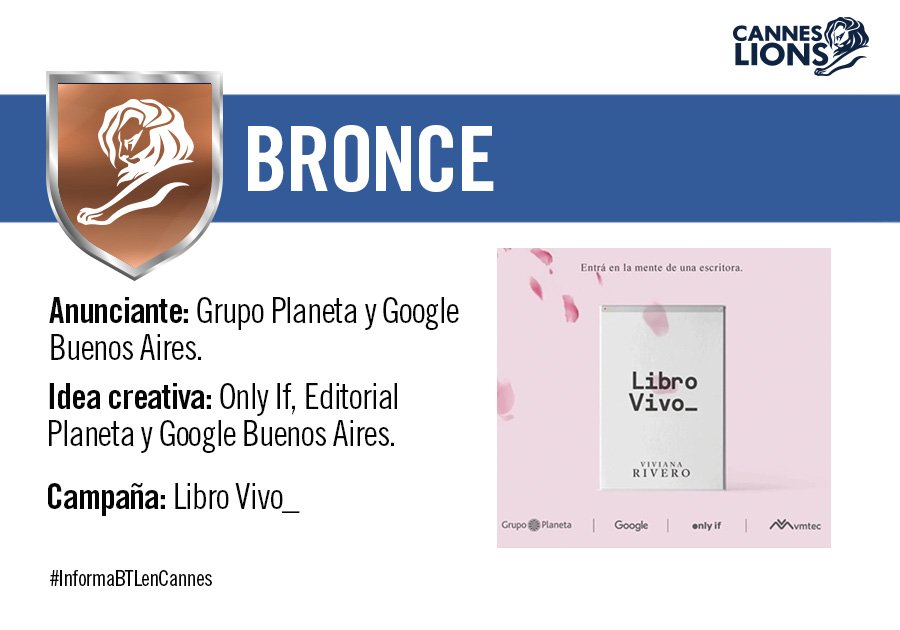 InformaBTL's tweet photo. #México se lleva el #BronzeLion en #CannesLions #CannesLions2019 con #LibroVivo.
Felicidades @OnlyIf_Mx, #GrupoPlaneta y @GoogleArgentina
#InformaBTLenCannes: https://t.co/mE8WQUwsZ9 https://t.co/RqLf3d6dYv
