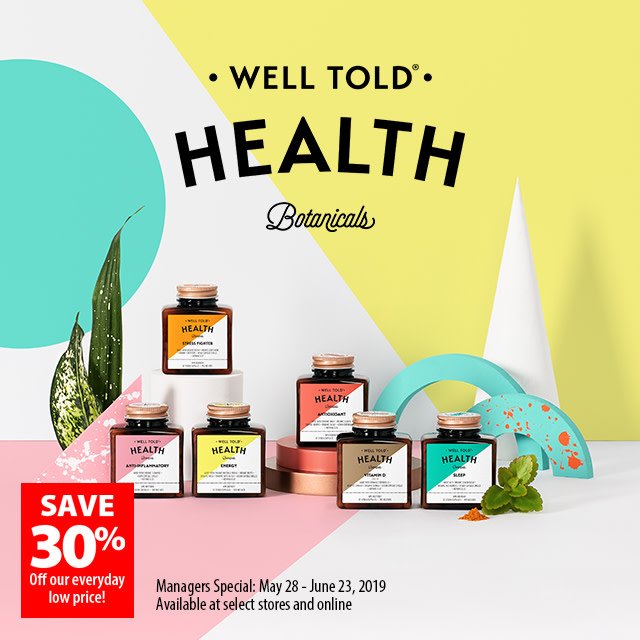 LondonDrugs's tweet photo. We know #Health needs vary - that's the Well Told truth. And that's why we're offering 30% off #WellTold health all-natural supplements. No fillers, no synthetics, isolate-free, dairy-free, soy-free, gluten-free, AND vegan. Shop now: https://t.co/A0Peqrexmc #LondonDrugs #Sale https://t.co/fkwtdNe89W
