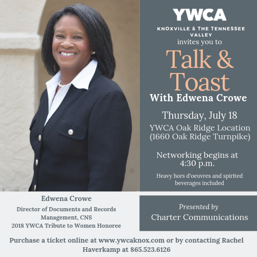 YWCAKnoxville's tweet photo. Join us for a "fireside chat" with Edwena Crowe on July 18! Hear about how her life and work are closely aligned with the YWCA's mission to eliminate racism and empower women.

Tickets are available online at https://t.co/MBDCUR0z1m
and food will be provided by Judy Dodd Catering https://t.co/rP2M9GRctB
