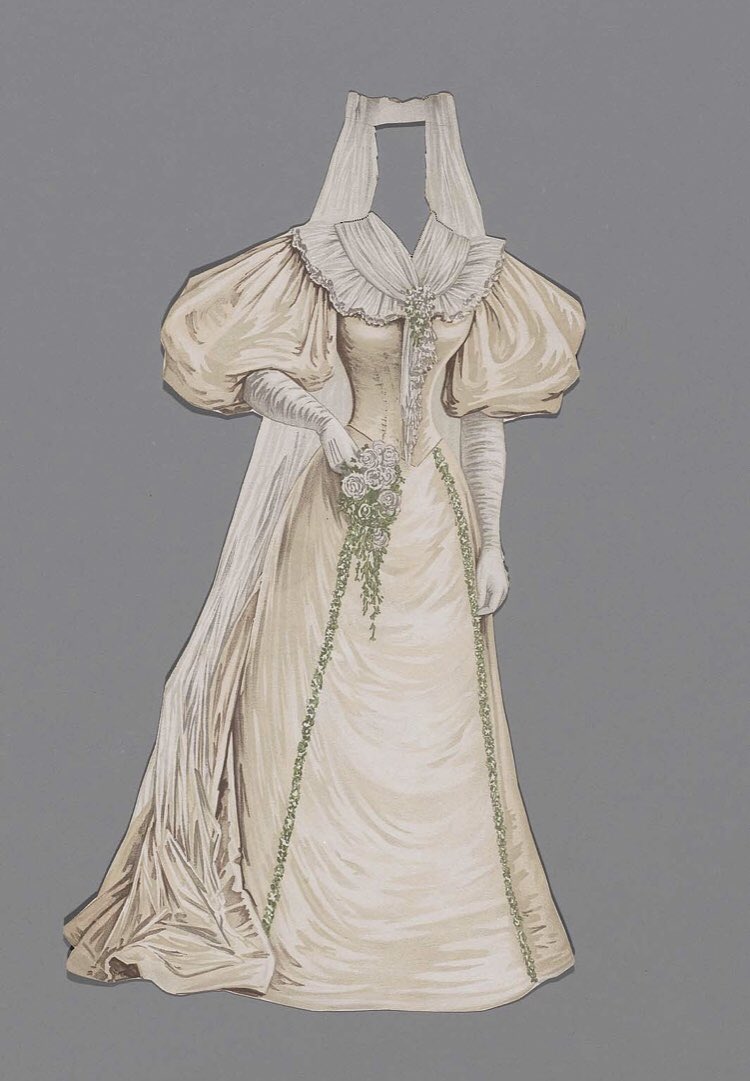 whatgrandmawore's tweet photo. Was looking through the @mfaboston collection and found this collection of paper dolls, all dated from 1895. They have all been designed by lithographer G. H. Buek &amp; Co, and show a variety of day and evening dresses, all with impressive gigot sleeves. 1/2 https://t.co/vBNla9dAWW