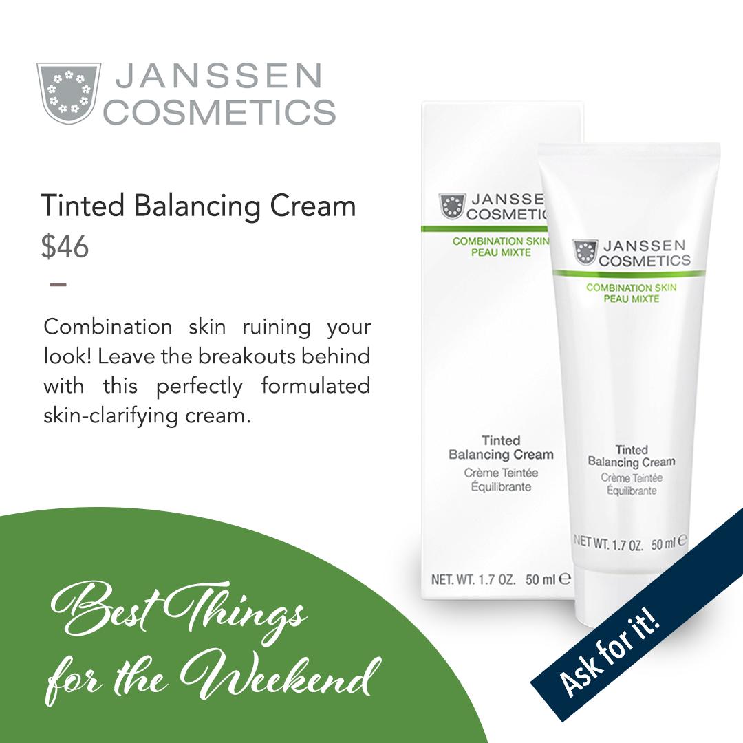 rivagedayspa's tweet photo. Get that silky-smooth buttery finish to your skin with Janssen's lightly tinted balancing cream. Balances both the dry and oily spots &amp; evens out the tone of your skin. Perfect for those with oily skin with patches of dryness. #glowingskin #complexionrescue #combinationskin https://t.co/16KwELqQbv